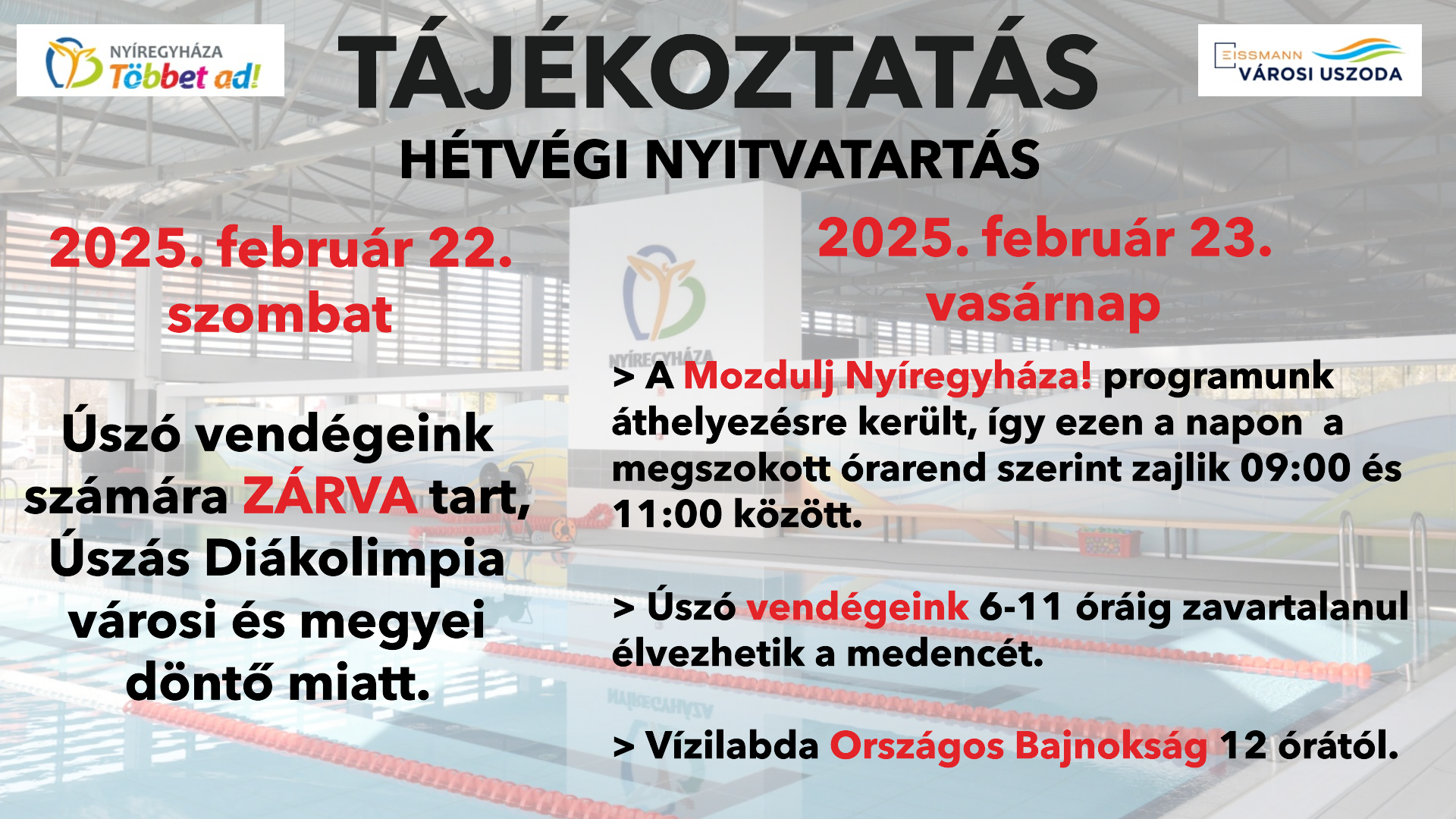 Weekend programmes at the EISSMANN Nyíregyháza Municipal Swimming Pool