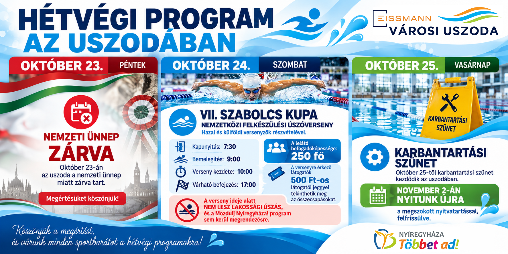 Holiday Closure, International Swimming Competition, and Maintenance Break at the Swimming Pool